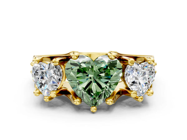Yellow Gold Heart-Shaped Three Stone Pave Engagement Ring Setting for Fancy Green Center with Near-Equal Side Stones