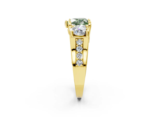 Yellow Gold Heart-Shaped Three Stone Pave Engagement Ring Setting for Fancy Green Center with Near-Equal Side Stones