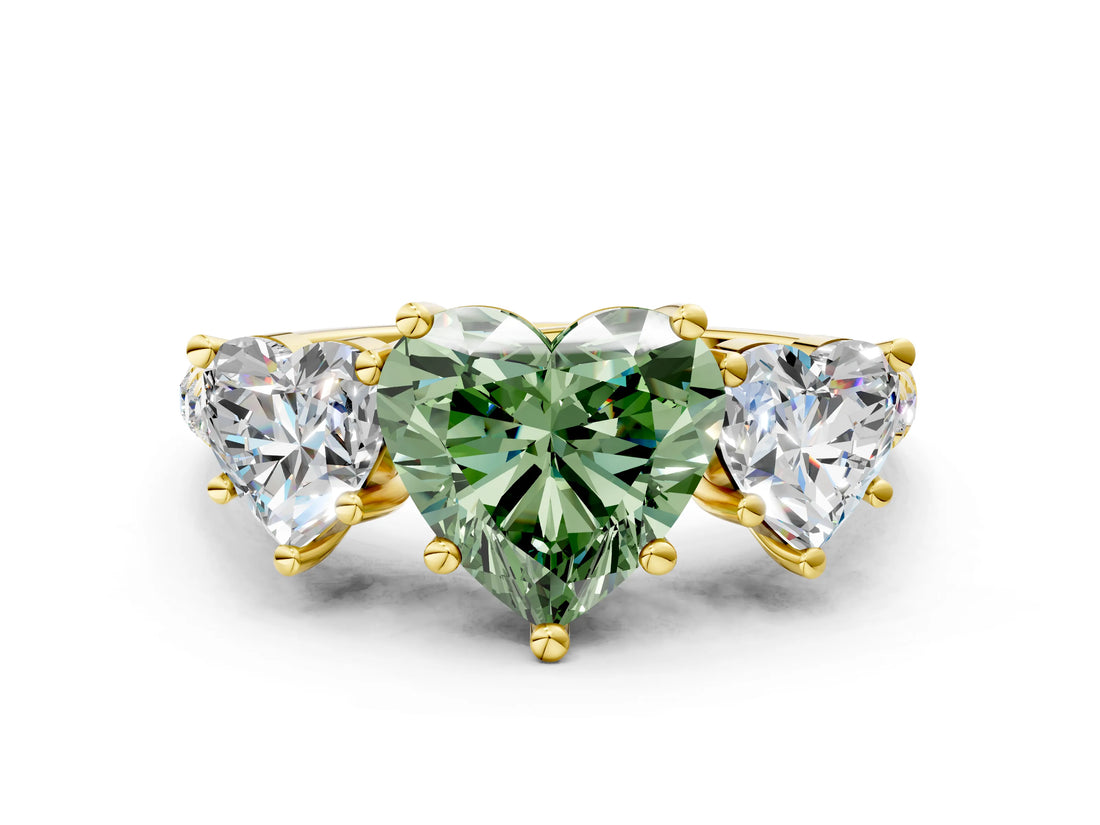 Yellow gold Three-Stone Fancy Green Heart Cut Diamond Ring with Pavé Band and Prong Setting_46