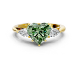 Yellow gold Three-Stone Fancy Green Heart  Cut Diamond Ring with Pear Side Stones in Four-Prong Setting