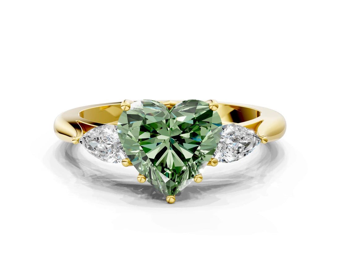 Yellow gold Three-Stone Fancy Green Heart Cut Diamond Ring with Pear  Side Stones in Four-Prong Setting_36
