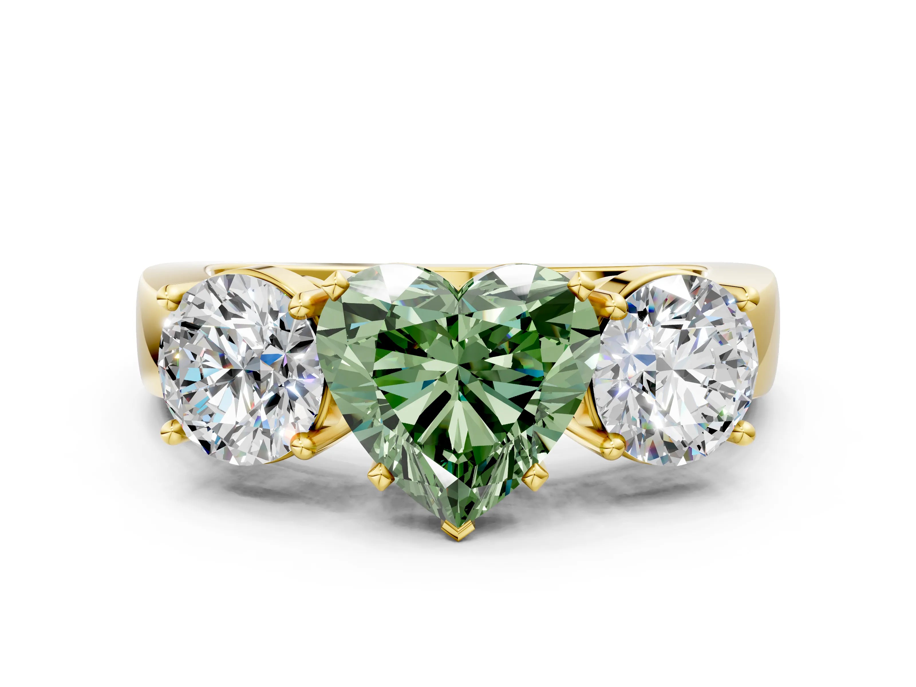Yellow gold Three-Stone Fancy Green Heart Cut Diamond Ring with Round Side Stones, Classic Band, and Four-Prong Setting
