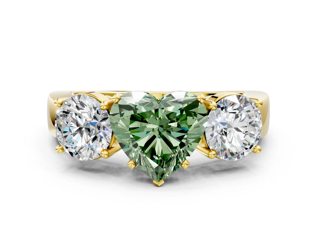 Yellow gold Three-Stone Fancy Green Heart Cut Diamond Ring with Round Side Stones, Classic Band, and Four-Prong Setting