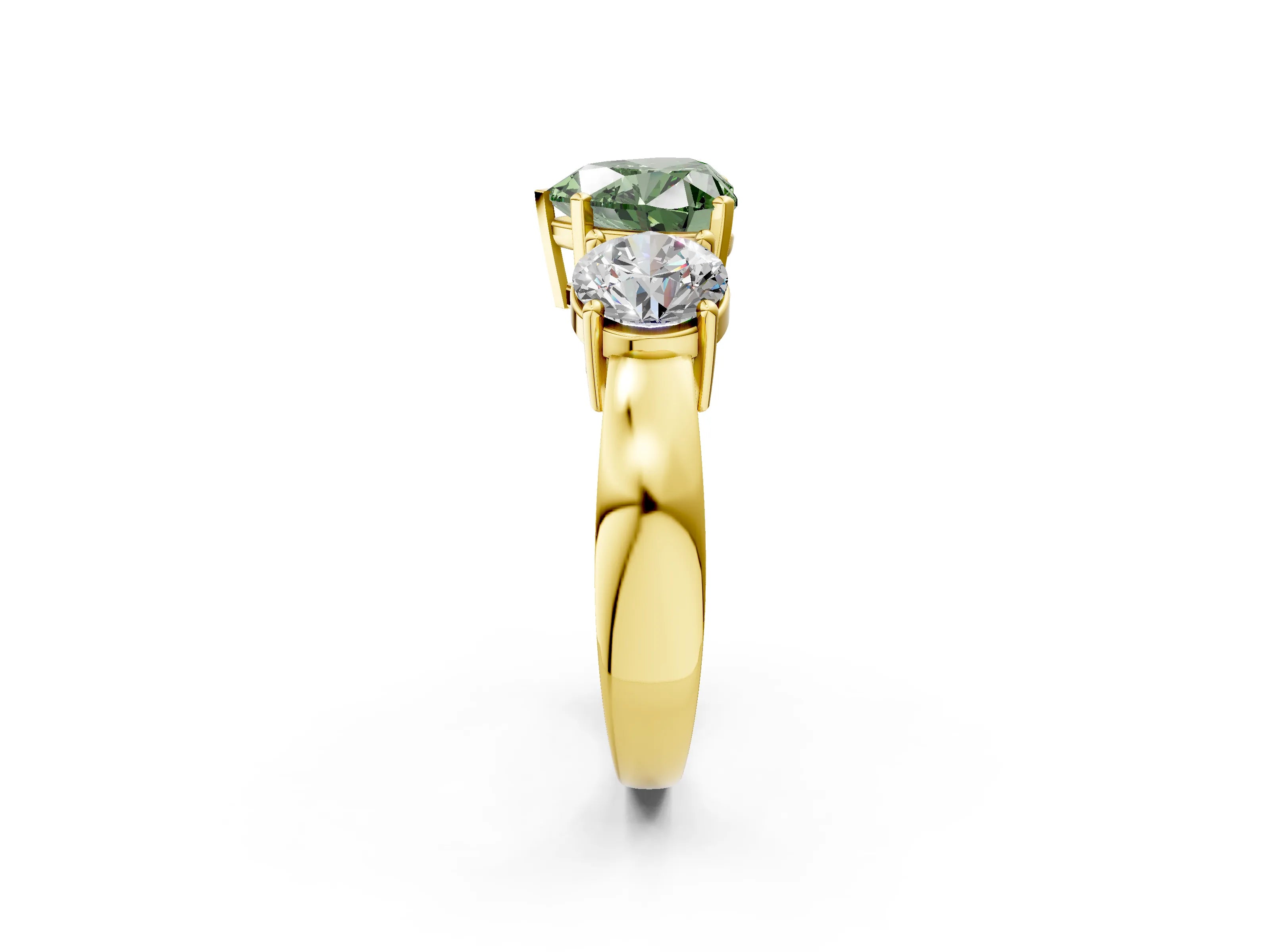 Yellow gold Three-Stone Fancy Green Heart Cut Diamond Ring with Round Side Stones, Classic Band, and Four-Prong Setting_2