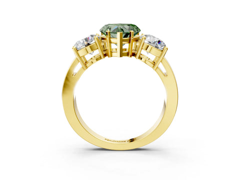 Yellow gold Three-Stone Fancy Green Heart Cut Diamond Ring with Round Side Stones, Classic Band, and Four-Prong Setting_3