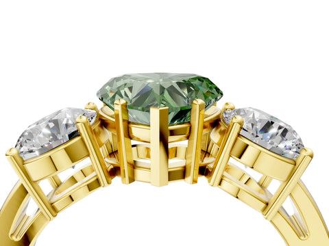 Yellow gold Three-Stone Fancy Green Heart Cut Diamond Ring with Round Side Stones, Classic Band, and Four-Prong Setting_4