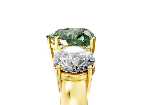 Yellow gold Three-Stone Fancy Green Heart Cut Diamond Ring with Round Side Stones, Classic Band, and Four-Prong Setting_5