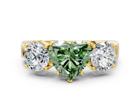 Yellow gold Three-Stone Fancy Green Heart Cut Diamond Ring with Round Side Stones, Classic Band, and Four-Prong Setting