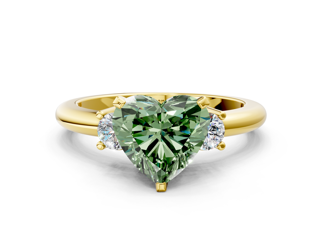 Yellow gold Three-Stone Fancy Green Heart  Cut Diamond Solitaire with Prong Setting and Classic Band