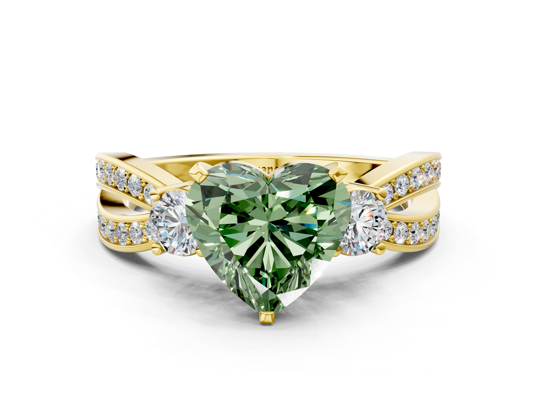 Yellow gold Three-Stone Fancy Green Heart  Cut Diamond Twist Band with Prong Setting