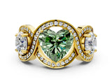 Yellow gold Three-Stone Fancy Green Heart Cut Diamond Wave Pave Band with Prong Setting