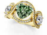 Yellow gold Three-Stone Fancy Green Heart Cut Diamond Wave Pave Band with Prong Setting_1