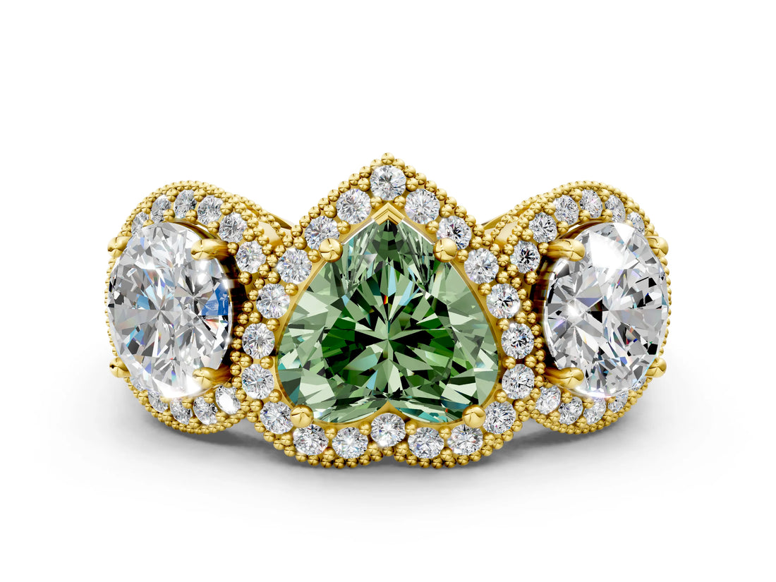 Yellow gold Three-Stone Fancy Green Heart Cut Halo Diamond Milgrain Band with Four-Prong Setting