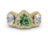 Yellow gold Three-Stone Fancy Green Heart Cut Halo Diamond Milgrain Band with Four-Prong Setting