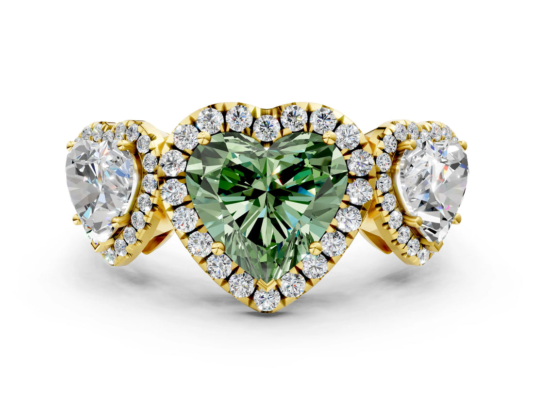 Yellow gold Three-Stone Fancy Green Heart Cut Halo Diamond Ring with Pave Band and Four-Prong Setting