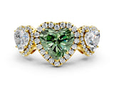Yellow gold Three-Stone Fancy Green Heart Cut Halo Diamond Ring with Pave Band and Four-Prong Setting