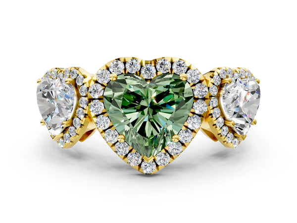 Yellow gold Three-Stone Fancy Green Heart Cut Halo Diamond Ring with Pave Band and Four-Prong Setting