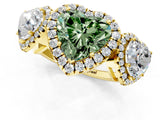Yellow gold Three-Stone Fancy Green Heart Cut Halo Diamond Ring with Pave Band and Four-Prong Setting_1