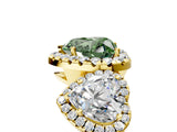 Yellow gold Three-Stone Fancy Green Heart Cut Halo Diamond Ring with Pave Band and Four-Prong Setting_5