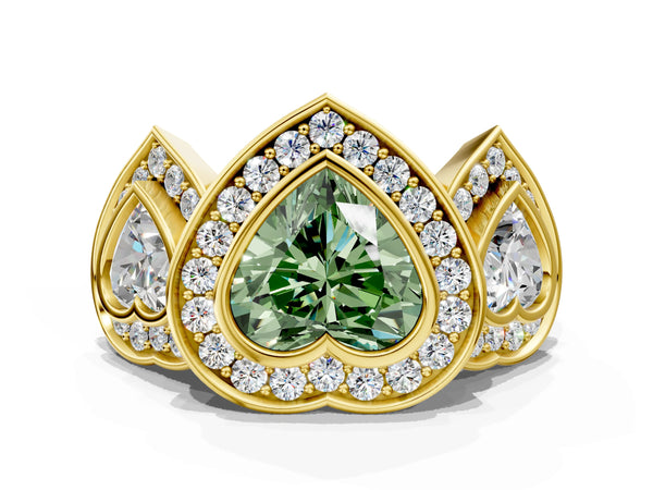Yellow gold Three-Stone Fancy Green Heart Cut Halo Pavé Diamond Ring
