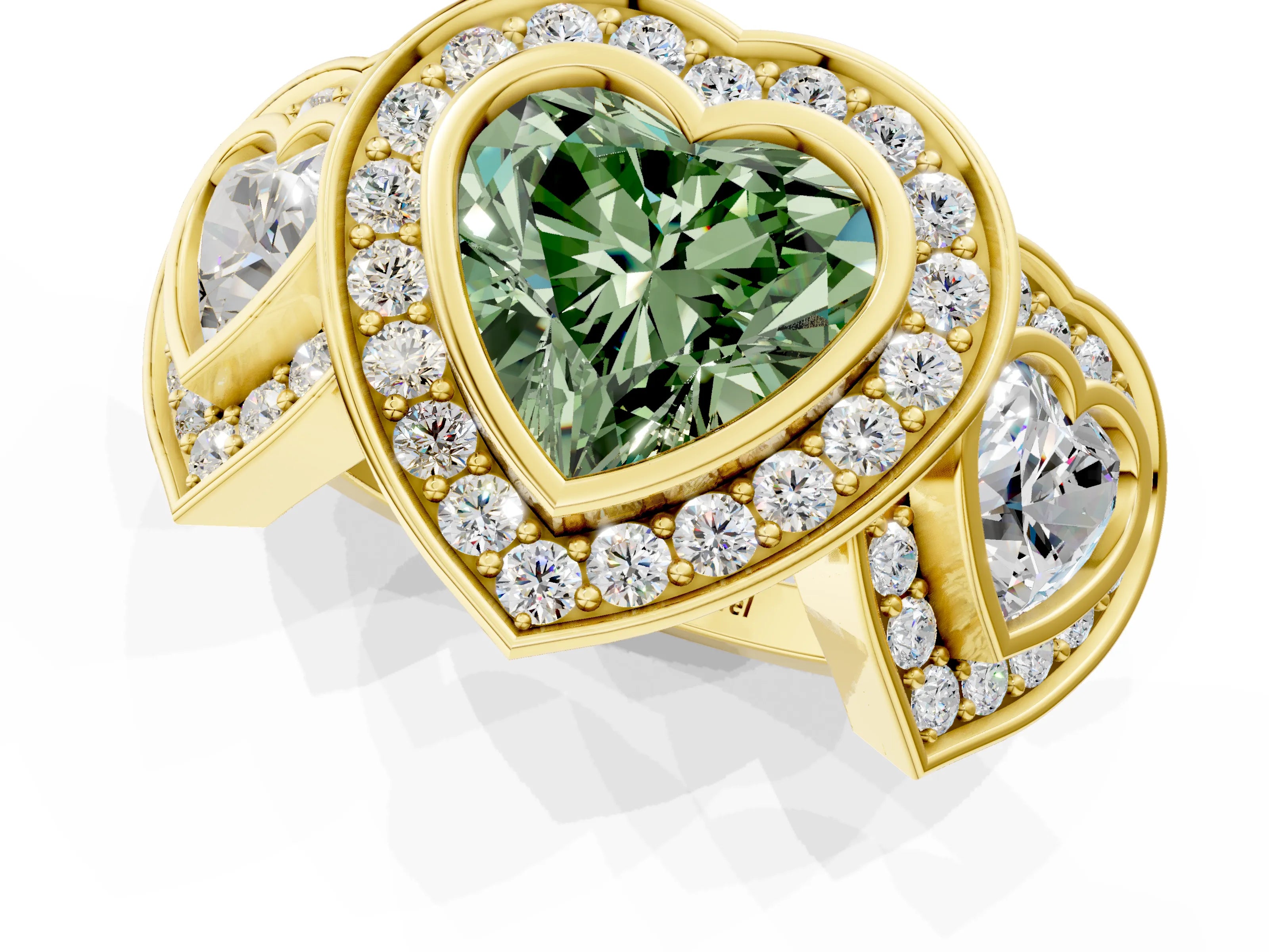 Yellow gold Three-Stone Fancy Green Heart Cut Halo Pavé Diamond Ring_1