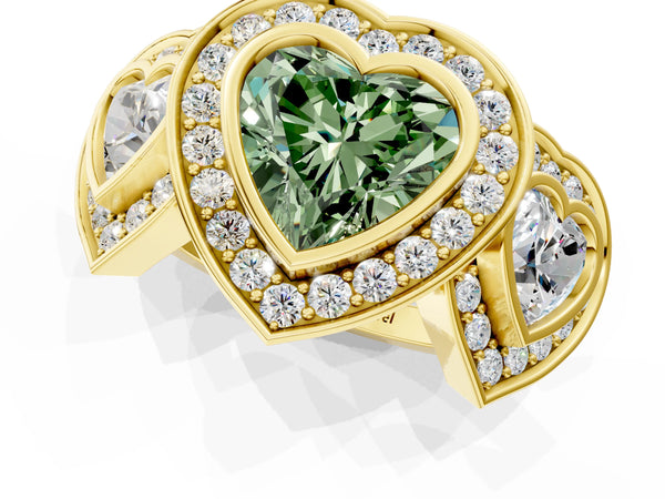 Yellow gold Three-Stone Fancy Green Heart Cut Halo Pavé Diamond Ring