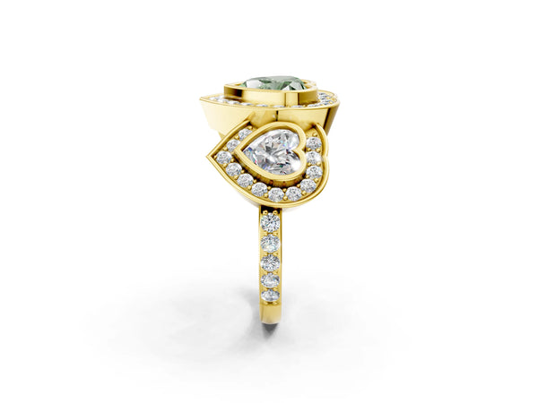 Yellow gold Three-Stone Fancy Green Heart Cut Halo Pavé Diamond Ring