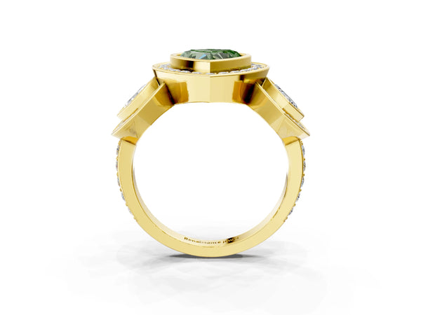 Yellow gold Three-Stone Fancy Green Heart Cut Halo Pavé Diamond Ring
