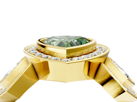 Yellow gold Three-Stone Fancy Green Heart Cut Halo Pavé Diamond Ring_4