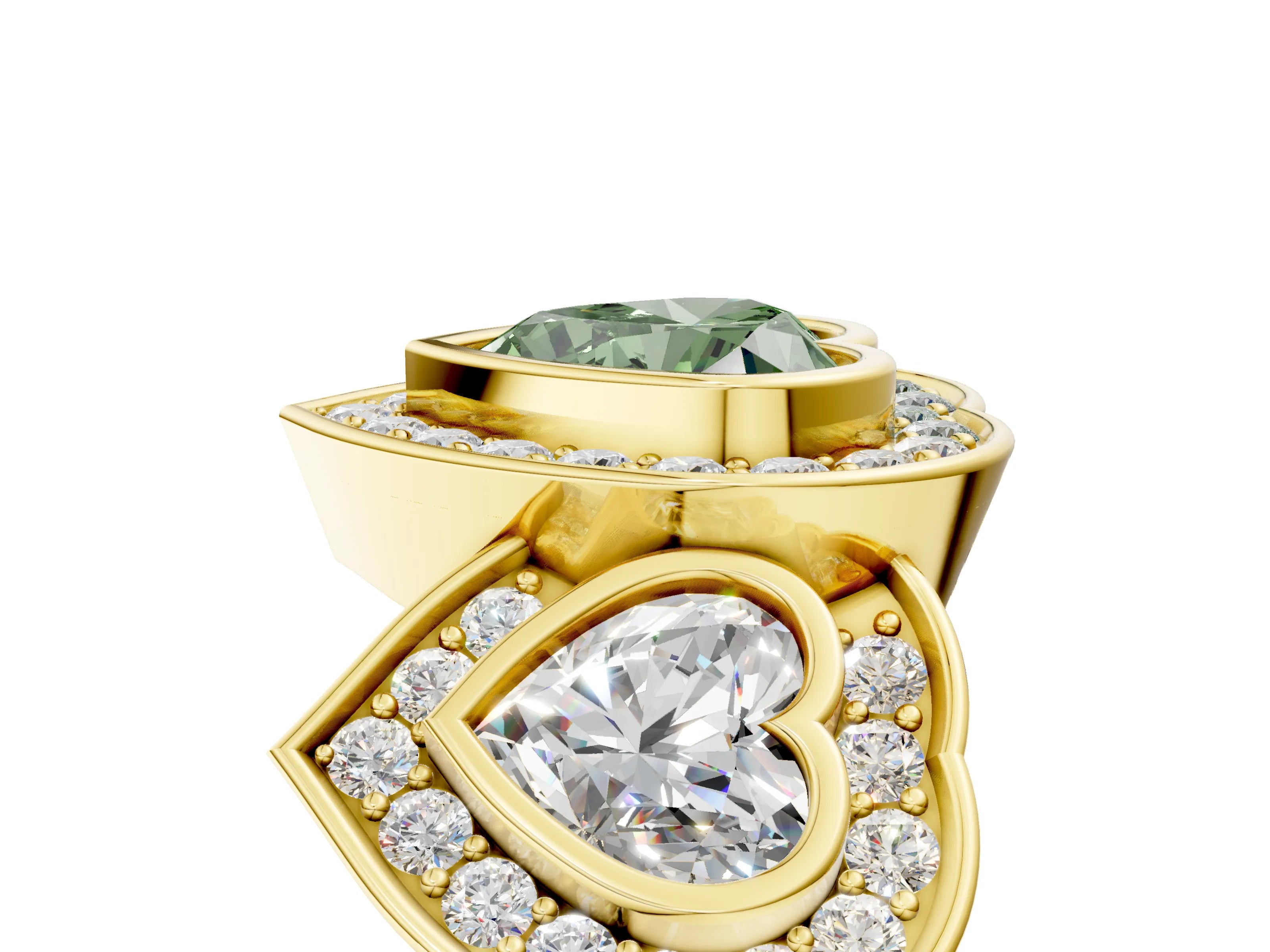 Yellow gold Three-Stone Fancy Green Heart Cut Halo Pavé Diamond Ring_5