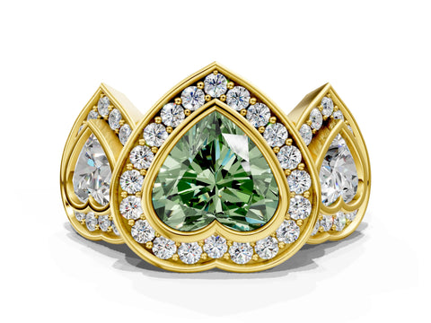 Yellow gold Three-Stone Fancy Green Heart Cut Halo Pavé Diamond Ring