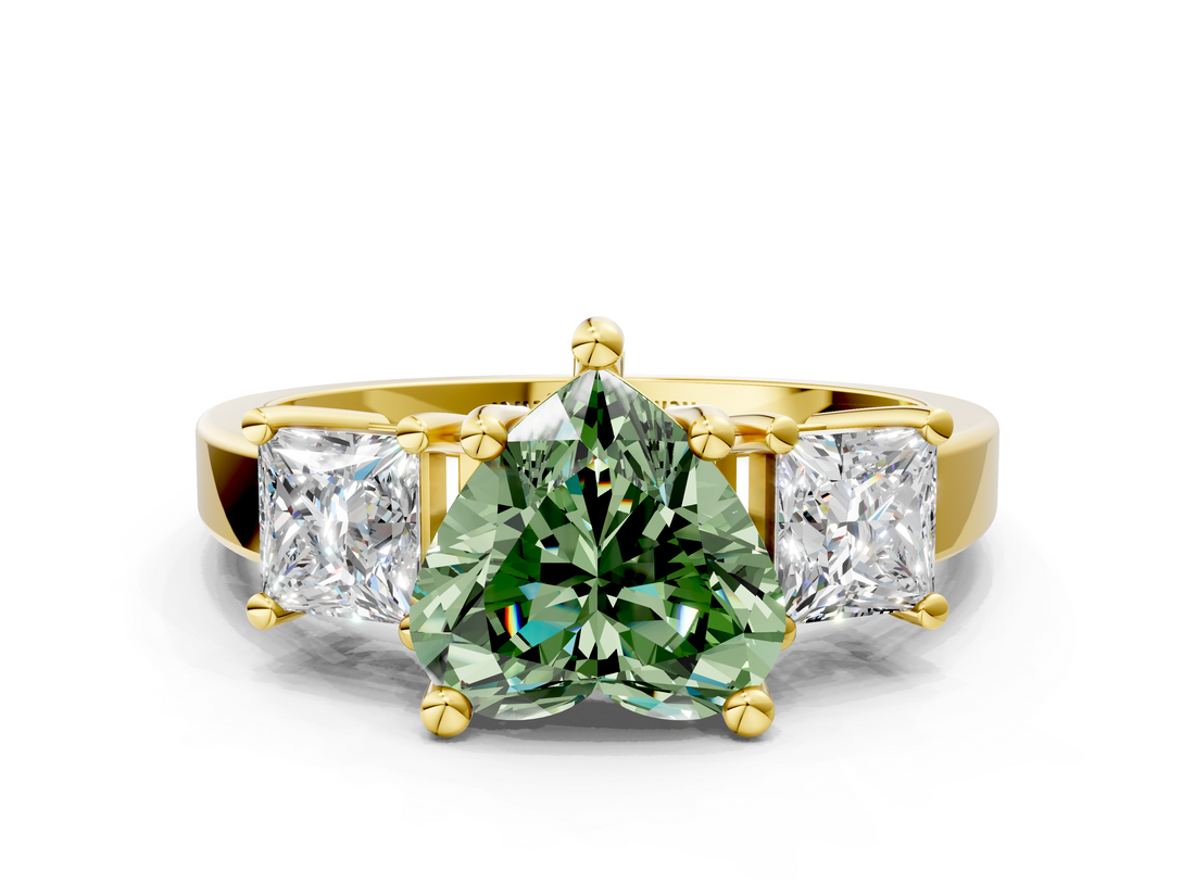 Yellow gold Three-Stone Fancy Green Heart  Cut Solitaire Ring with Prong Setting_3
