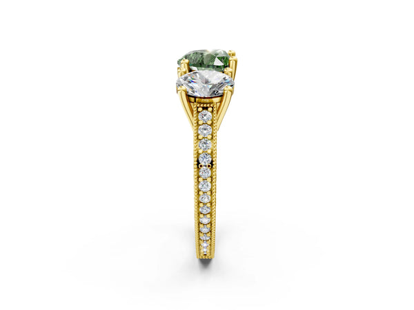 Yellow gold Three-Stone Fancy Green Heart  Diamond Milgrain Pave Band with Prong Setting