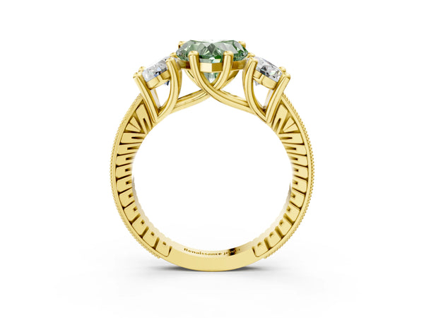 Yellow gold Three-Stone Fancy Green Heart  Diamond Milgrain Pave Band with Prong Setting
