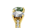 Yellow gold Three-Stone Fancy Green Heart  Diamond Milgrain Pave Band with Prong Setting