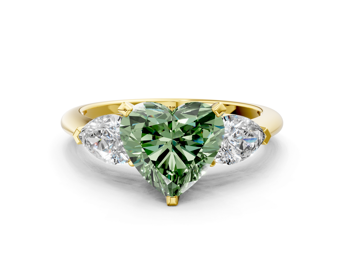 Yellow gold Three-Stone Fancy Green Heart  Diamond Ring with Pear Side Stones in Four-Prong Setting