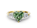 Yellow gold Three-Stone Fancy Green Heart  Diamond Ring with Pear Side Stones in Four-Prong Setting