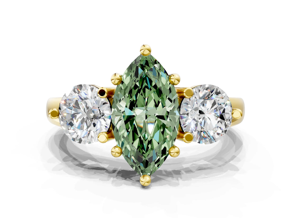 Yellow gold Three-Stone Fancy Green Marquise  Brilliant Cut Solitaire Ring with Prong Setting on a Classic Band 1