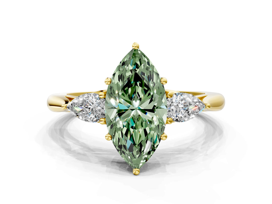 Yellow gold Three-Stone Fancy Green Marquise Cut Brilliant Diamond Solitaire Ring with Tapered Band and Four-Prong Setting_6