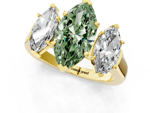 Yellow gold Three-Stone Fancy Green Marquise Cut Brilliant Diamond Trellis Ring with Comfort Fit Band_1