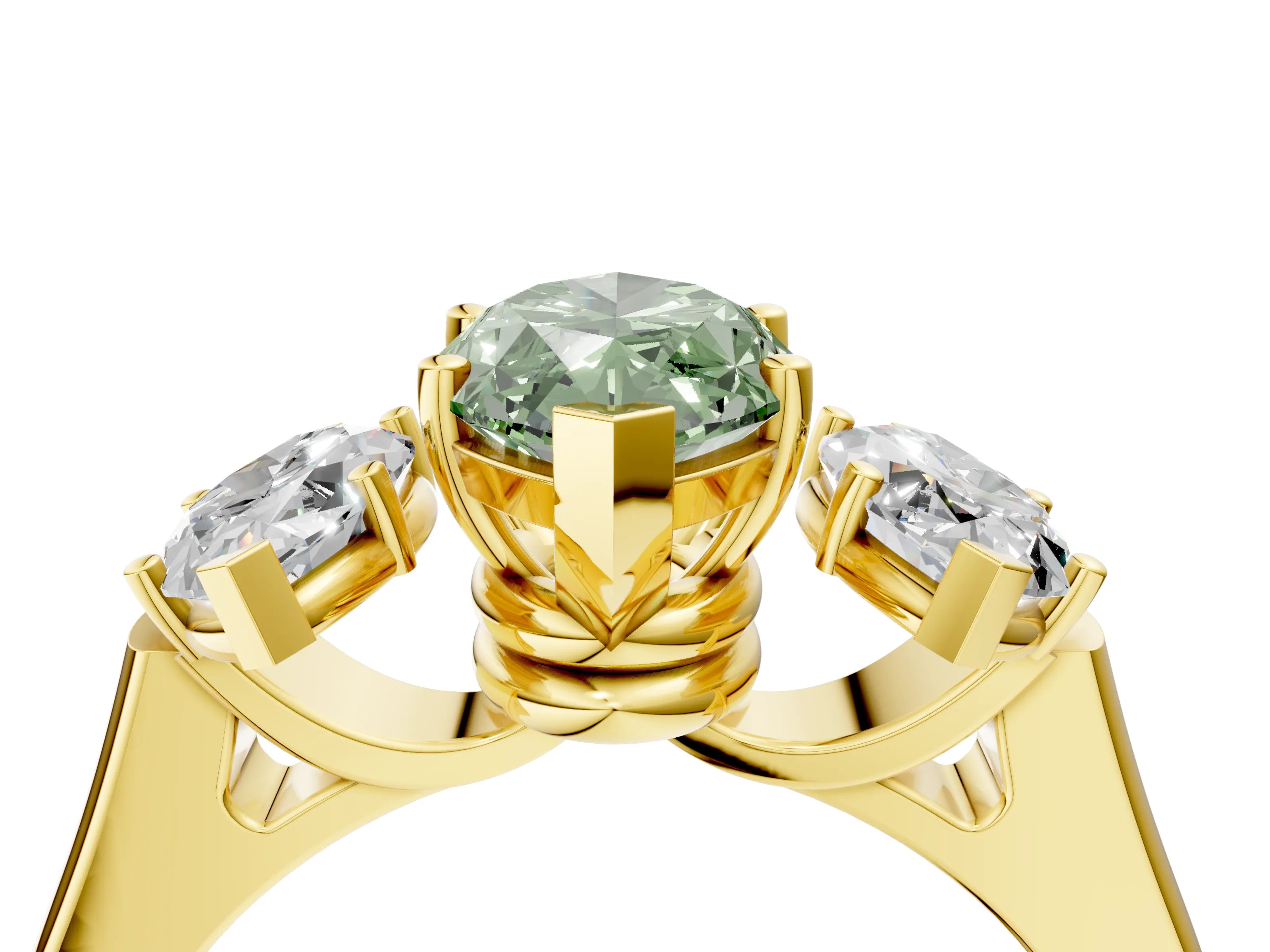 Yellow gold Three-Stone Fancy Green Marquise Cut Brilliant Diamond Trellis Ring with Comfort Fit Band_4
