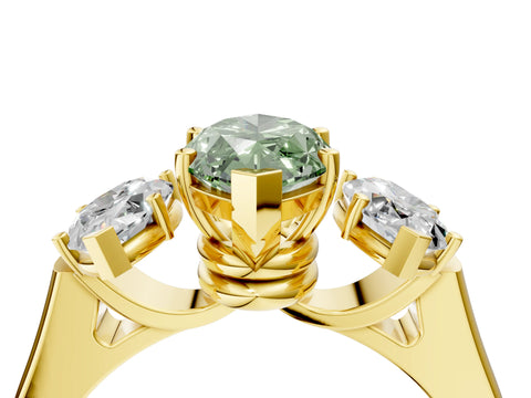 Yellow gold Three-Stone Fancy Green Marquise Cut Brilliant Diamond Trellis Ring with Comfort Fit Band_4