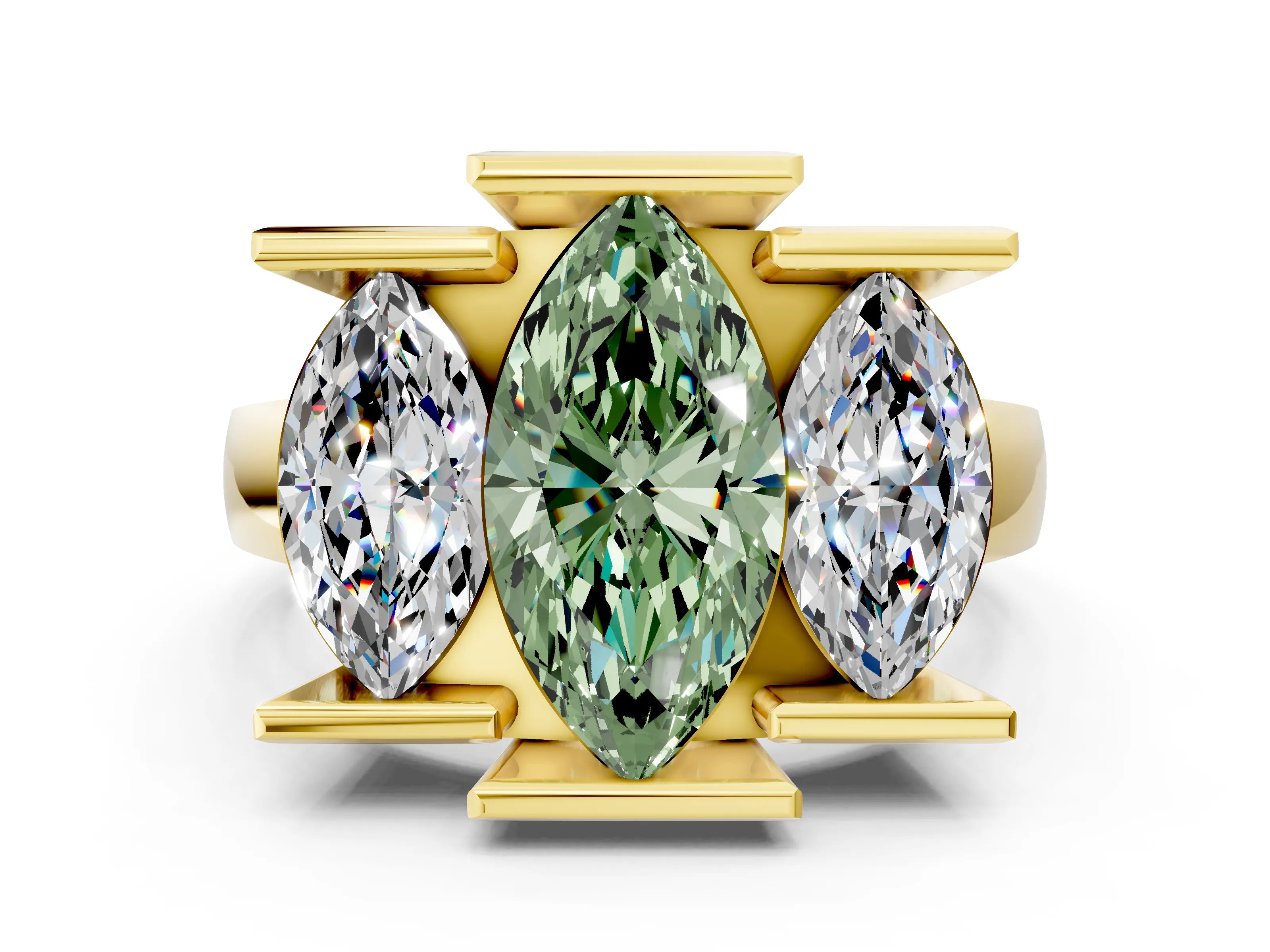 Yellow gold Three Stone Fancy Green Marquise Cut Cut Channel Set Diamond Ring