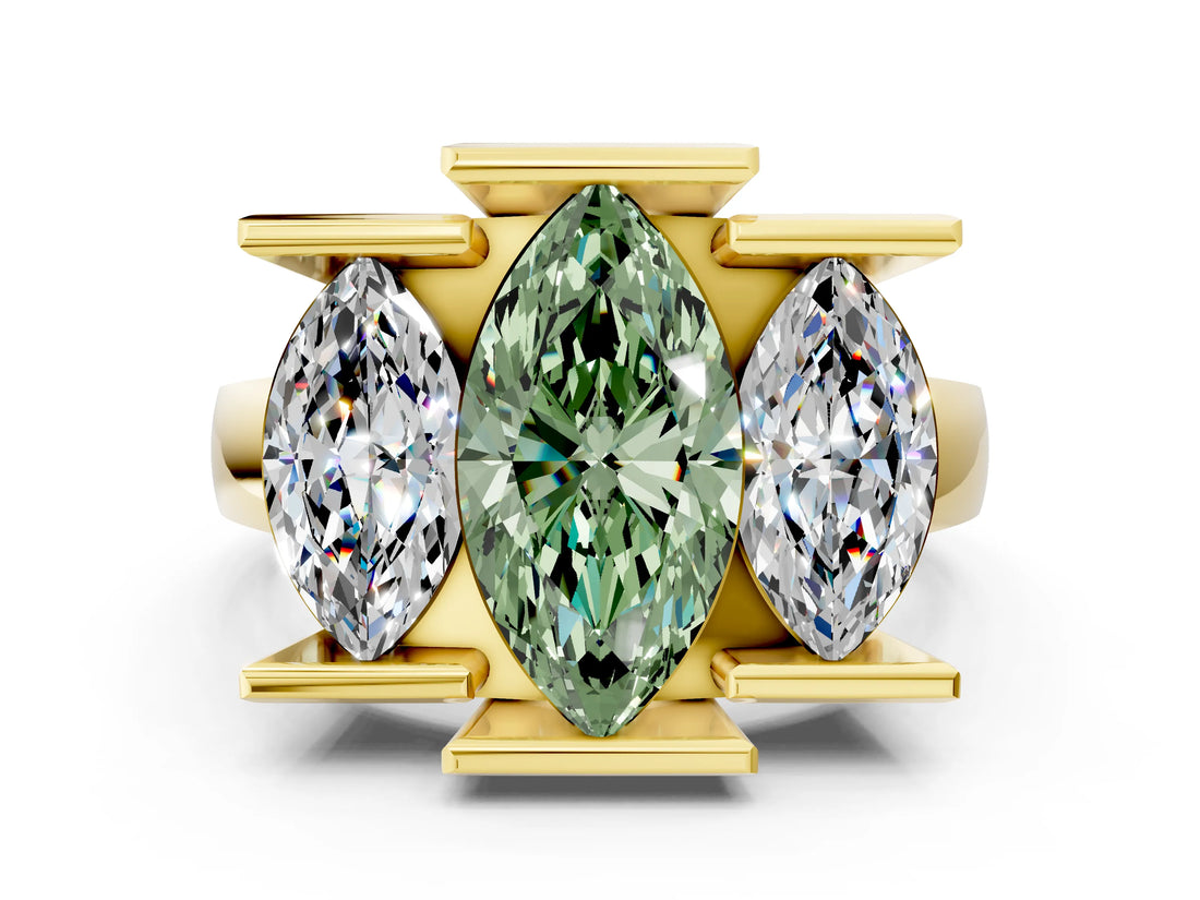 Yellow gold Three Stone Fancy Green Marquise Cut Cut Channel Set Diamond Ring