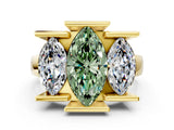Yellow gold Three Stone Fancy Green Marquise Cut Cut Channel Set Diamond Ring