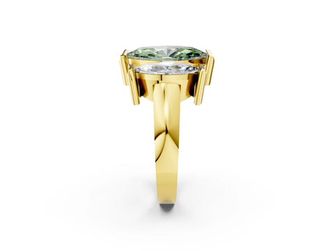 Yellow gold Three Stone Fancy Green Marquise Cut Cut Channel Set Diamond Ring_2