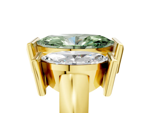 Yellow gold Three Stone Fancy Green Marquise Cut Cut Channel Set Diamond Ring_5
