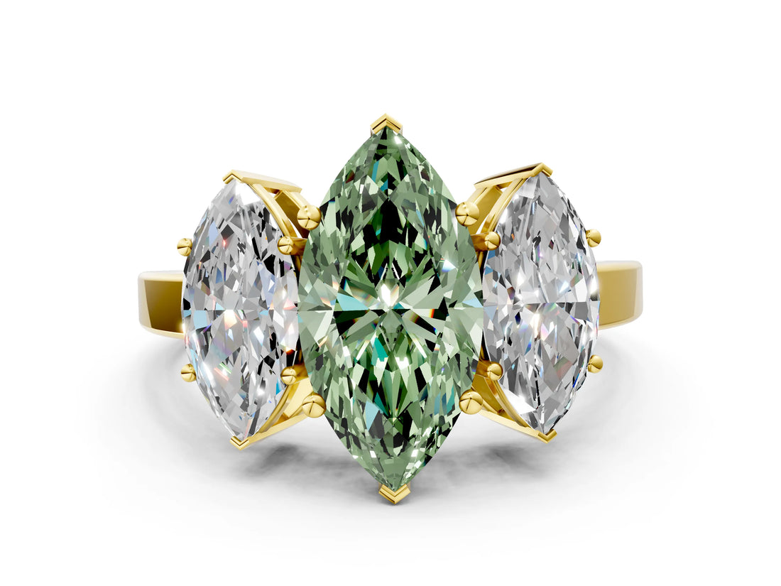 Yellow gold Three-Stone Fancy Green Marquise Cut Cut Diamond Engagement Ring with Flat Band and Four-Prong Setting_12