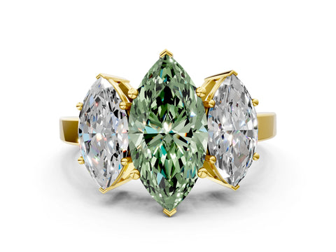 Yellow gold Three-Stone Fancy Green Marquise Cut Cut Diamond Engagement Ring with Flat Band and Four-Prong Setting_12