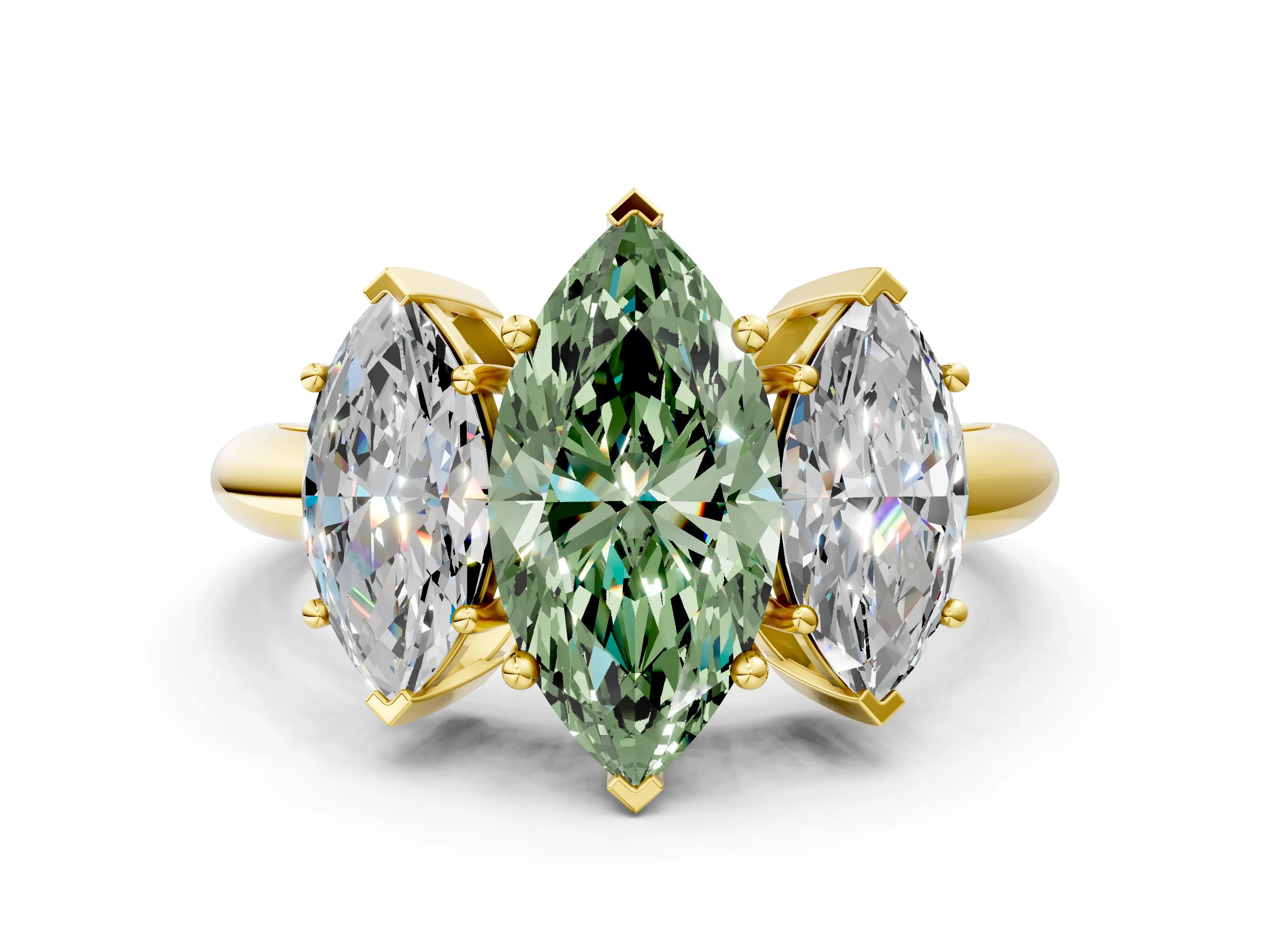 Yellow gold Three-Stone Fancy Green Marquise Cut Cut Diamond Engagement Ring with Prong Setting on a White Gold Band